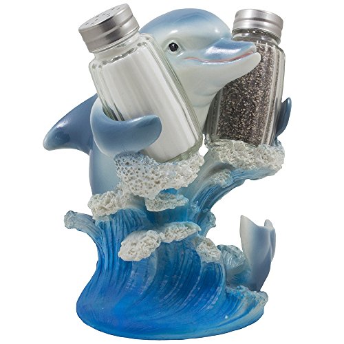 Dolphin Riding Ocean Wave Salt and Pepper Shaker Set with Figurine Holder in Decorative...