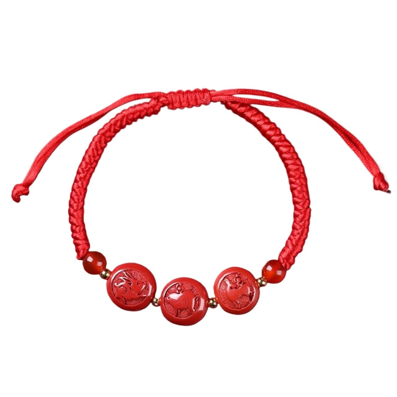 Nzpost Pig Goat_agate Bracelet, Natural Cinnabar Carved Zodiac S Lucky Charm Hand Woven Rope Red String Adjustable Bracel