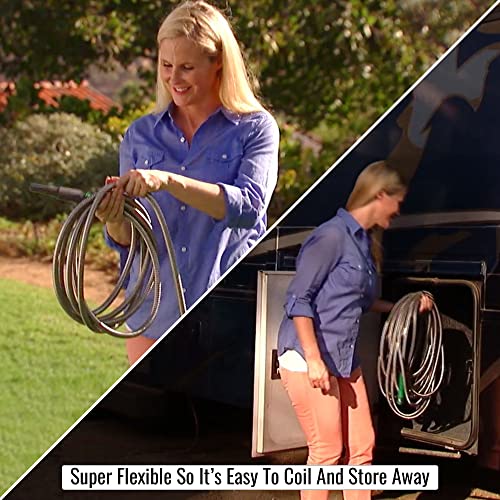 Bernini 50' Metal Garden Hose Lite Super Flexible Garden Hose, Lightweight No Kink Puncture Resistant 304 Stainless Steel Hose With Adjustable Fireman Spray Nozzle & Patented Power Couplers - Rose #TOP3