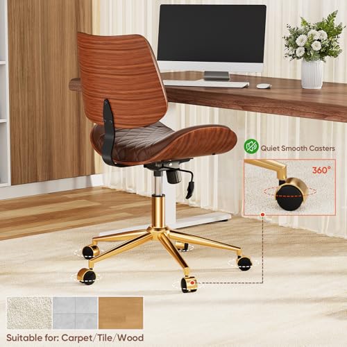 Image of Armless Office Chair with Back, Mid Century Modern Small Desk Chair, No Arms Leather Computer Chair for Home Office, Swivel Vanity Chair, Rolling, Adjustable Height (Dark Brown)
