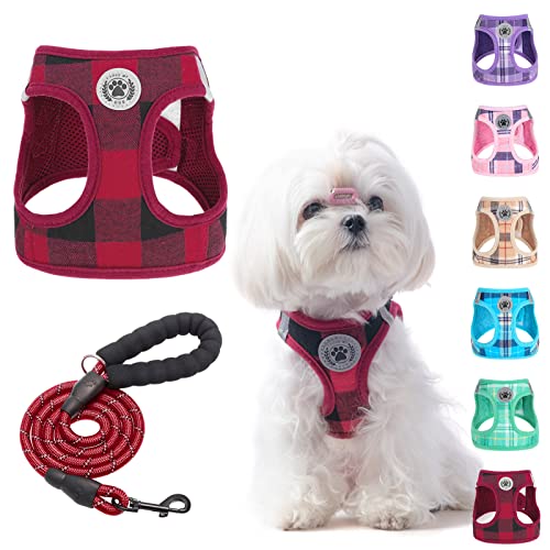 BEAUTYZOO Small Dog Harness and Leash Set,Step in No Chock No Pull Soft Mesh Dog Harnesses Reflective for Extra-Small/Small Medium Puppy Dogs and Cats, Plaid Dog Vest Harness for XS S Pets, Red S