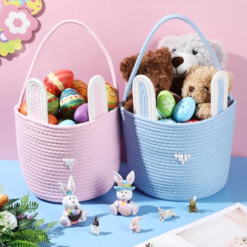Image of Beeveer 6 Pack Easter Baskets with Handle Woven Bunny Egg Hunt Basket with Rabbit Ears Print Bags Empty Easter Treat Bag Cotton Woven Egg Box for Gifts Party Decorations Favors(Multicolor)