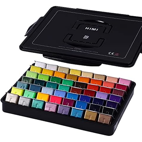 ARTFLY HIMI Gouache Paint Set, 56 Colors x 30ml Include 8 Metallic and 6 Neon Colors, Unique Jelly Cup Design in a Carrying Case Perfect for Artists, Students, Gouache Opaque Watercolor Painting Cover