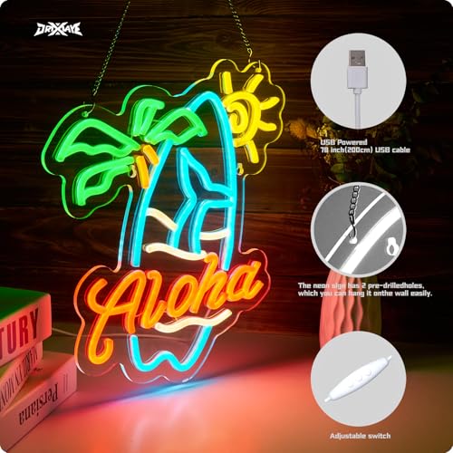 Image of Aloha Palm Tree Neon Sign Tiki Bar Neon Sign Hawaiian Decor for wall decor Beer Bar Pub Club Home Party Restaurant Dimmable USB Powered