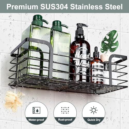 Image of Boniry Adhesive Shower Organizer with 3 Hooks /No Drilling Wall Mounted Rustproof Stainless Steel Shower Shelf /SUS 304 Stainless Steel Organization for Bathroom Rack (30L X 11W X 12H CM, Black)