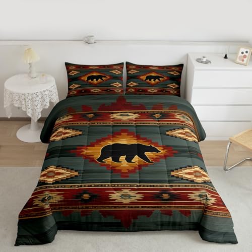Homemissing Juego de edredón de oso tamaño doble, juego de ropa de cama de caza de vida silvestre para niños y niñas, edredón tribal exótico, decoración de dormitorio, microfibra, 3 piezas con 2