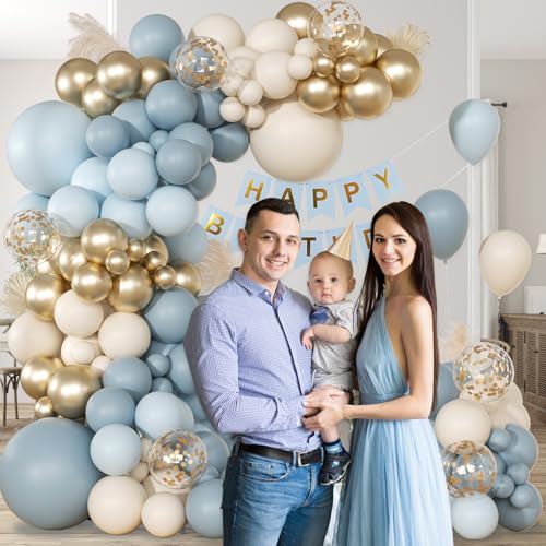 Image of Dusty Blue Balloon Garland Arch Kit with Light Blue White Balloons