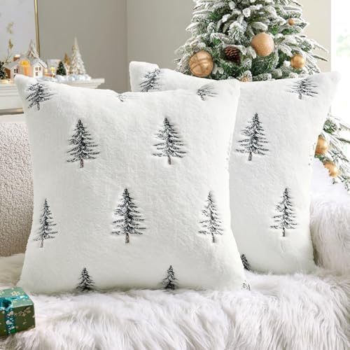 Image of MIULEE Christmas Decorative Pillow Covers Set of 2 Faux Fur Throw Pillows with Embroidered Christmas Tree 18x18 Inch White Black Winter Couch Covers for Festival Sofa Bedroom Living Room Home Decor