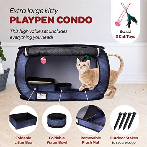 CHEERING PET, Stress Free Cat Cage, Portable Cat Condo Cage, Collapsible Travel Litter Box, Foldable Feeding Bowl,Feather Teaser and Ball, Carrying Bag, Extra Large 32" X 19" X 19" (DENIIM) - Thumbnail 3