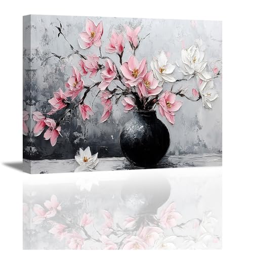Piy Painting Arte Mural En Lienzo, Flores Blancas y Rosas En Un Jarrón Negro Lienzo Imagen, Moderno Impresiones Murales Para Dormitorio, Salón Decoración De Pared, 40x30 cm 1 pieza, Marco Interior