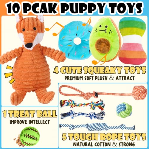 10 Stück Hundespielzeug Kleine Hunde Set mit 4X Quietschspielzeug Plüschspielzeug, 5X Hundeseile & 1x Futterball | Kauspielzeug für Welpen & Kleine Hunde | Zahnreinigung Welpen Spielzeug für Hunde