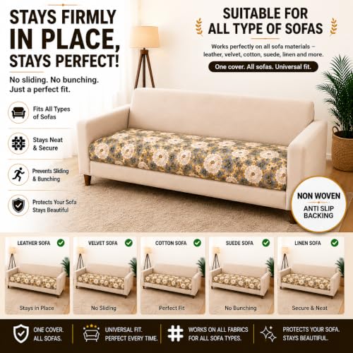 Image of Homerz Premium Printed Quilted Velvet Sofa Slip Cover Protector with Tassels, Sofa Mat, Exact Size, Antislip Cover (Antique Garden, 3 Seater, Half)