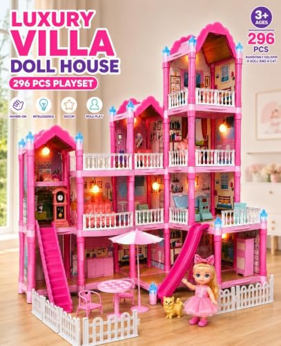 Image of Large Pink Princess Dollhouse for Girls, 3-Storey Doll House Playset with Furniture, Slides, Stairs, Swing, Balcony, Kitchen & Bedroom Accessories, Pretend Play Toy for Kids Ages 3+