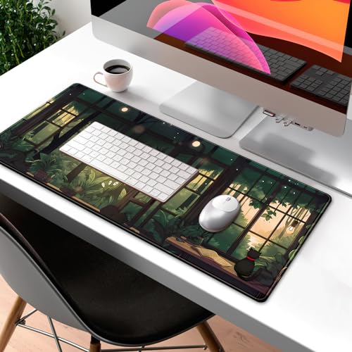 Urocza Lofi podkładka na biurko zielone rośliny podkładka pod mysz duży czarny kot estetyczna podkładka na biurko kawaii anime rozszerzona gamingowa podkładka pod mysz XL laptop klawiatura podkładka