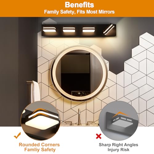 Image of Torondo 360 Rotate LED Bathroom Vanity Light Fixtures, Acrylic Vanity Lights for Bathroom, Modern Wall Lighting Fixtures Over Mirror Living, Matte Black, Warm White, 4-Light, 27-Inch