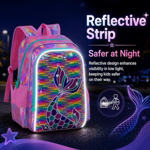 Image of 3Pcs Mermaid Girls Backpack, 16 inch Sequin Fish Tail Bookbag Set for Kids, Elementary Preschool Preschool School Backpacks with Lunch Box (Rainbow)