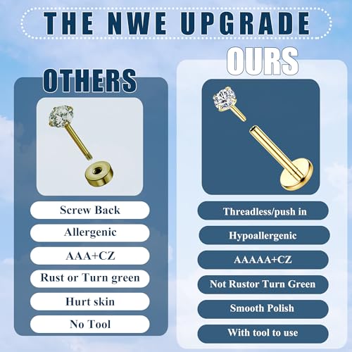 Florideco 14K Gold Filled Threadless Nose Studs for Women Hypoallergenic Surgical Steel Nose Rings Push In Flat back Nose Stud Labret Studs CZ Tragus Helix Piercing Jewelry 16G 18G 20G 7