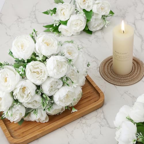 Image of 8 Pack White Peonies Artificial Flowers, Fake Silk Hydrangea Bouquet for Bridal Wedding Home Table Decor Reusable Dining Opening Ceremony Birthday Arrangement Faux Floral