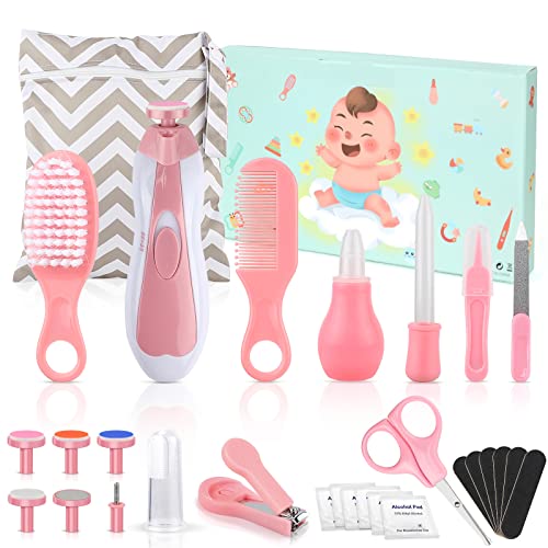 Image of Baby Grooming Kit, 28 in 1 Newborn Nursery Healthcare Set with Baby Electric Nail Trimmer Set, Baby Comb, Brush, Nasal Aspirator, Nail Clippers Set for Newborn Infant Toddlers Shower Gifts - Pink