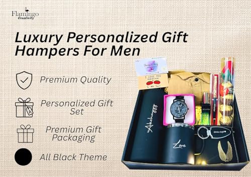 Image of Gift Set for Him - Personalized Hamper with Black Rubber Bottle, Shirt, Watch, Wallet, Mug, Pen, Perfume, LED Keychain, & More - Ideal for Birthday, Valentine Combo Set