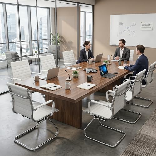 Image of HNY Leather Office Guest Chairs & Reception Chairs Set of 8, Modern Waiting Room Chairs with Arms, Desk Chair no Wheels with Sled Base for Waiting Room /Conference Room, White
