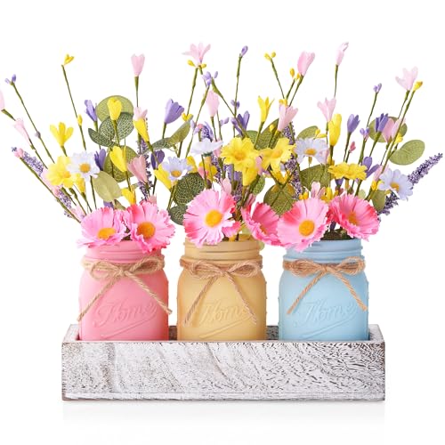 KIVIVO Mason Jar Spring Easter Table Decor, Centerpieces for Tables with Daisy Artificial Flowers, Farmhouse Wood Tray, Spring Table Centerpiece, 10 Pcs Spring Decorations for Home, Kitchen, Office