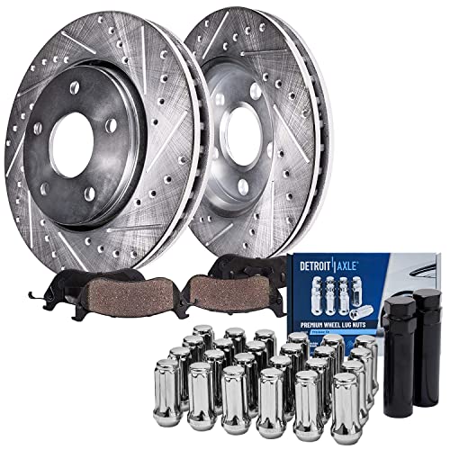 Image of Detroit Axle - Front Brake Kit for Buick Regal Chevy Impala Malibu Equinox | GMC Terrain, 12.64'' inch Drilled Slotted Brake Rotors 2 Ceramic Brake Pads 24 Wheel Lug Nuts 2 Socket Key Replacement