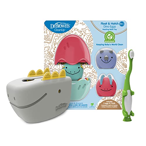 Image of Dr. Brown's Baby and Toddler Toothbrush, Green Dinosaur 1-Pack 1-4 Years, CleanUp Float & Hatch Dino Eggs Bath Toy, 6m+, Dino-Soft Baby Bath Spout Cover, BPA Free, Certified Plastic Neutral
