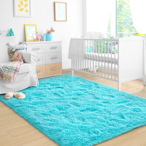 Image of Naze Carpet for Hallway, Kitchen, and Modern Interiors, Contemporary Color Block Area Rug - Cozy Shag Runner for Living Room, Entryway & Office Decor ETC Size 5x7 feet, Patten-Solid Ivory Turqoice