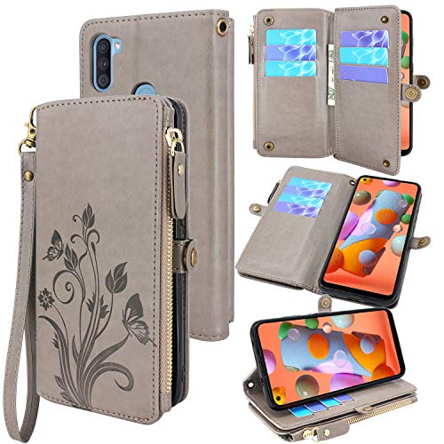 Lacass [Cards Theft Scan Protection] 10 Card Slots Holder Zipper Pocket Wallet Case Flip Leather Cover with Wrist Strap Magnetic Closure Stand Carrying Pouch for Samsung Galaxy A11(Gray)