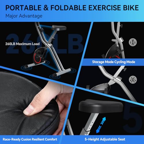 Foldable Exercise Bike for Small Apartments, Stationary Bikes for Home, Indoor Portable Cycling Bike with 16-Level Magnetic Resistance, 260LBS Capacity, 5.5 LBS Flywheel, Designed for Small Space Workout 8164