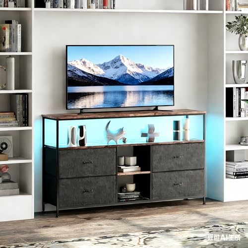 PerGar Mueble de TV con 4 cajones, 3 compartimentos abiertos, armario bajo LED, estante de TV para sala de estar, comedor, dormitorio, color negro vintage, 108 x 30 x 77 cm