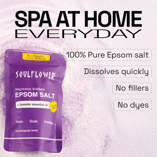 Image of Soulflower Epsom Salt for Foot, Bath & Body Spa, Swelling & Soreness, Relaxing, Muscle Pain Relief | 100% Pure USP Grade Epsom Salt| Pure Lavender Essential Oil 1 kg (Pack of 1)