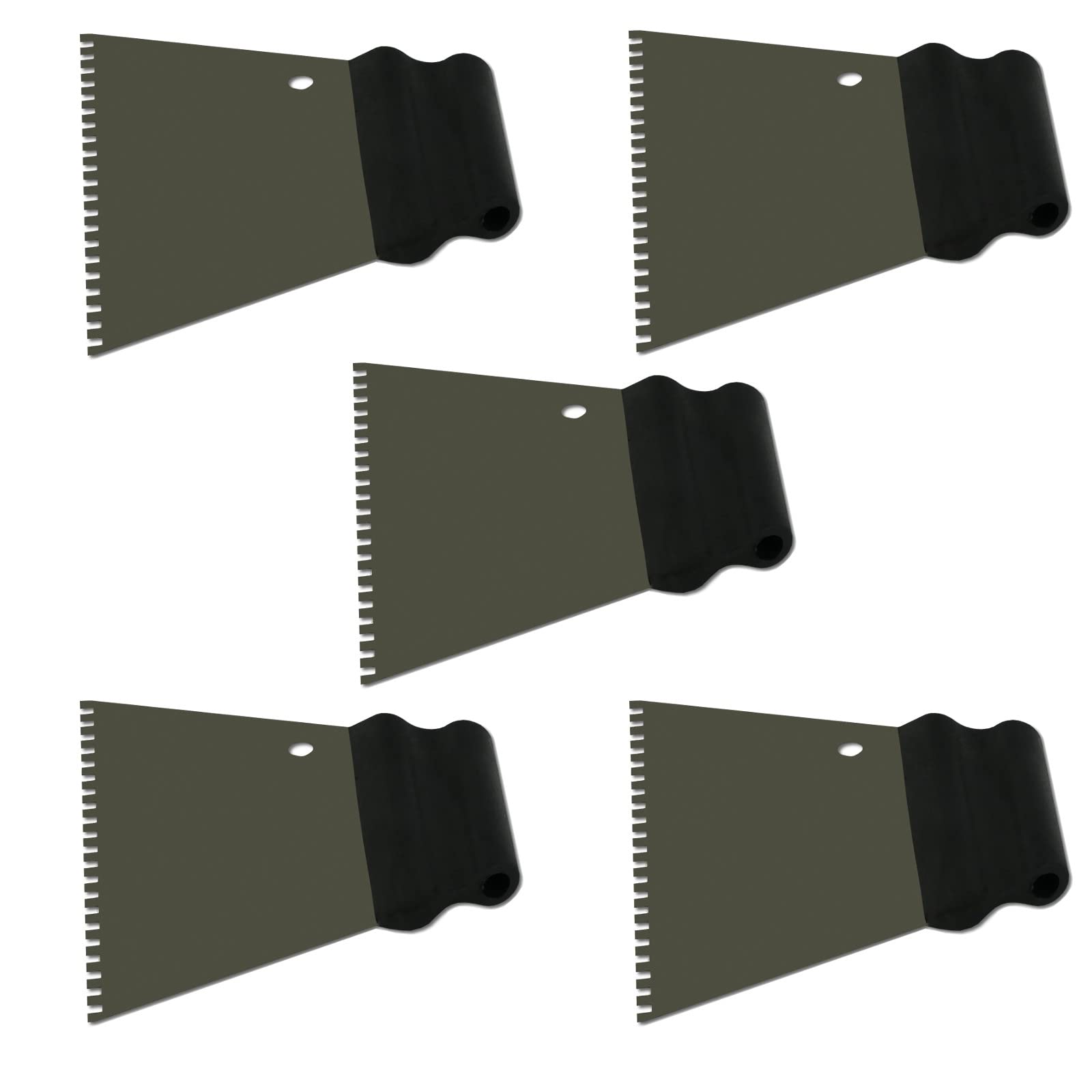 DEWEPRO Lot De 5 Spatules À Colle 180 mm – Spatules Trapézoïdales Avec Denture 4 x 4 mm En Acier Inoxydable – Poignée Ergonomique En Plastique – Pour Colle À Carrelage Mortier Enduits Murs Et Sols