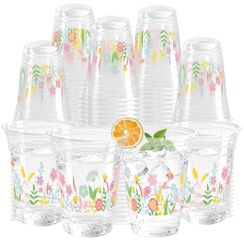 KOPOOEOE 100 Pcs Wildflowers Plastic Cups 16 oz Spring Flowers Disposable Clear Plastic Cups Summer Drinking Cup for Floral Baby Shower Birthday Wedding Party Decoration Supplies