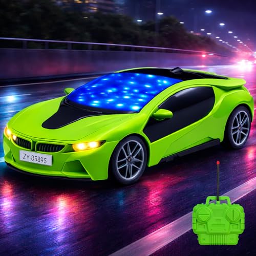 Image of Green Remote Control Car Toy, RC Racing Vehicle for Children, High Speed, 3D LED Light Car, Kids Battery Car, RC for Boys & Girls Age 3+, Toys for Kids, Birthday Gift for Boys and Girls