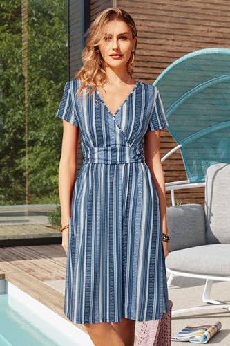 Image of OUGES Casual Summer Dress for Women Wrap V Neck A Line Midi Dresses with Pockets