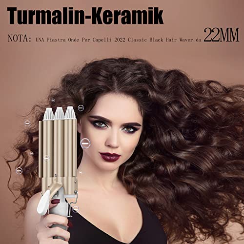 Foto von MIYAY Lockenwickler, Lockenstab mit 3 Fässern, 22 mm Welleneisen Große Locken für Frauen, Welleneisen für Haare mit einstellbarer Temperatur, Beach Waves Lockenstab mit Doppelspannung, Gold
