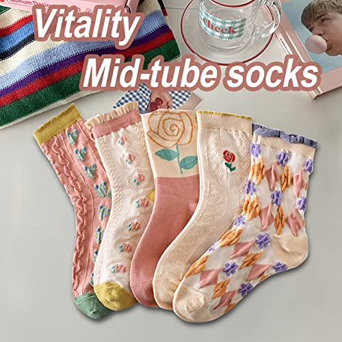 Image of 5 Pack Cute Womens Floral Socks, Vintage Embroidered Frilly Floral Ankle Cotton Cottagecore Socks