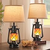 LEDIARY 18.72' Black LED Lantern Flickering Flame Table Lamps for Bedrooms Set of 2, Small Farmhouse Rustic End Table Lamps, Halloween Decorative Lantern Bedside Lamps for Living Room