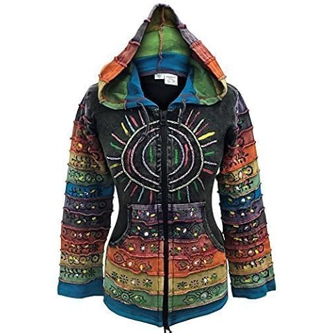 SHOPOHOLIC FASHION Acid Washed Multicolor Patchwork Hoodie, Rainbow Striped Sleeve Hippy Jacket,Boho, M, Black Cover
