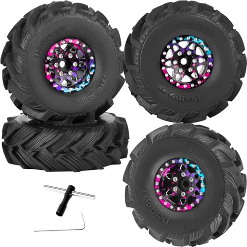 RcarmubWow 1.0 Beadlock Wheel Tires Set for 1/24 1/18 RC Crawler Car SCX24 TRX4M,1.0 Beadlock Wheels and Tires Alloy rc Wheel Rims Super Soft Sticky Tires,Rainbow