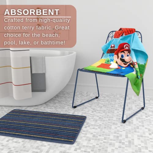 Franco Super Mario Kids Beach/Pool/Bath/Camping Hooded Towel Poncho 24" X 22", Absorbent Cotton Cover Up, (Official Nintendo Product), Large, Super Mario #TOP3