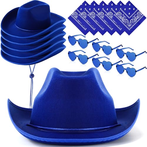 Image of Coume 6 Sets Cowboy Hat with Heart Sunglasses and Paisley Bandanas Western Cowgirl Hat for Cosplay Costume Adults(Royal Blue)