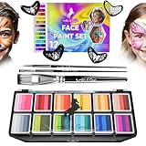 Face Paint Kit for Kids – Twin Palette with 12 Split Cake Colors, 3 Brushes & 5 Reusable Stencils – Non-Toxic, Paraben-Free, Easy to Use & Wash Off – Ideal for Parties, Halloween & Playtime.