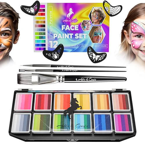 Face Paint Kit for Kids – Twin Palette with 12 Split Cake Colors, 3 Brushes & 5 Reusable Stencils – Non-Toxic, Paraben-Free, Easy to Use & Wash Off – Ideal for Parties, Halloween & Playtime.