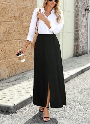 POPZONE Women's Maxi Skirts Elastic High Waist A-Line Skirts Front Split Skirts for Women with Pocket2