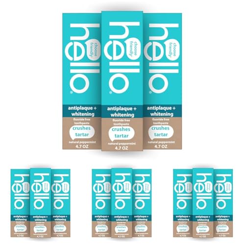 Image of hello Antiplaque and Whitening Fluoride Free Toothpaste, Whitening Toothpaste with Coconut Oil and Tea Tree Oil, Helps Whiten Teeth, Natural Peppermint, Tubes, 4.7 Ounce (Pack of 12)