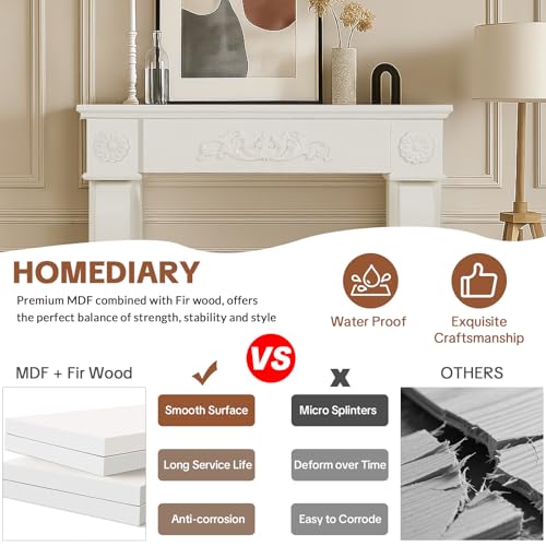 Image of HOMEDIARY Fireplace Mantel Surround, Modern White Fireplace Mantel Frames with Legs for Living Room, Premium MDF with Solid Wood, Decorative Fireplace Surround for Holidays, Anti-Tipping & Waterproof