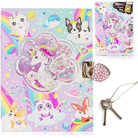 Hot Focus Magical Unicorn Diary with Lock and Key - Glow in the Dark Unicorn Diary for Girls with Heart Shaped Pad Lock and 2 Keys - 300 Lined Pages Writing Journal - Ideal Gift for Girls Cover